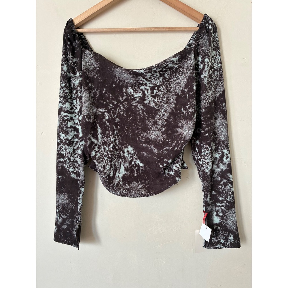 Open Edit Grunge Goth Abstract Print Smocked Back Crop Top Black Blue Small NWT